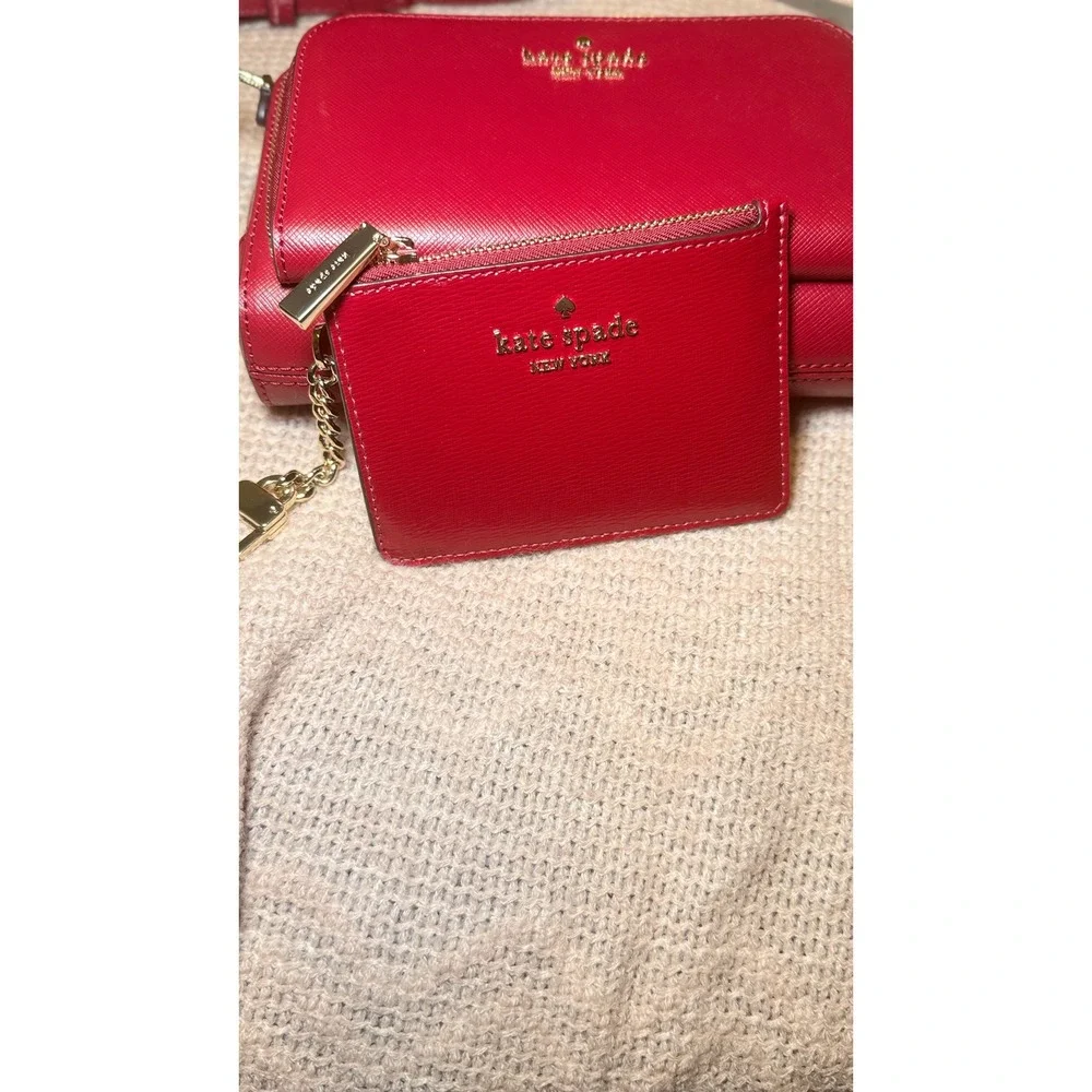 NWOT Kate Spade Staci Leather Crossbody Bag Red Gold Hardware And Card Holder